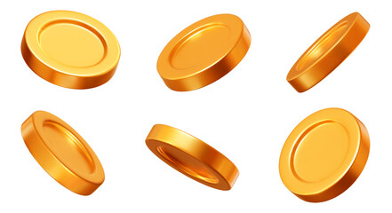 3D set golden coins with different angles. Symbol of gold and wealth. Stock vector illustration on isolated background.	
