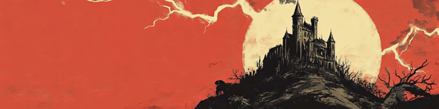 Naklejki Spooky halloween banner with vintage horror castle design for seasonal decor.