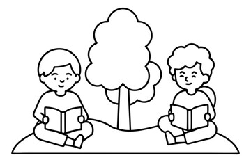 Joyful Kids Reading Books and Collaborating in a Beautiful Park Vector Illustration

