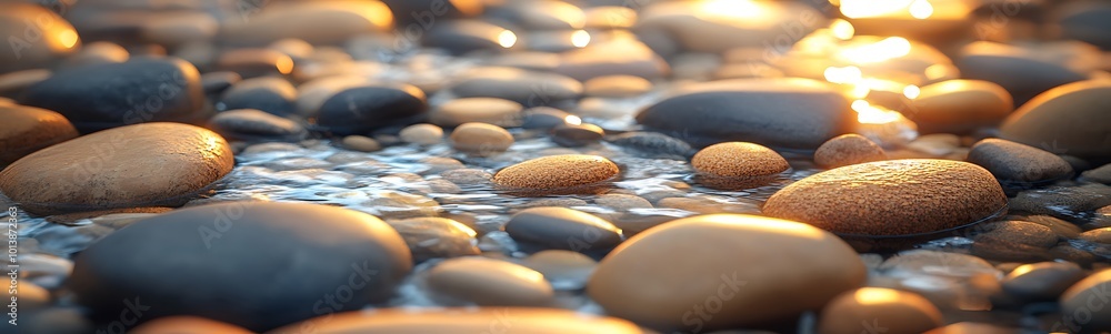 Poster A serene close-up of smooth stones partially submerged in water, reflecting soft sunlight, creating a calming and natural ambiance.