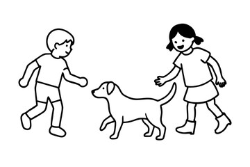 Playful Moments of Children and Dog in Vector Illustration Adventure
