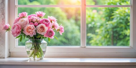 Bird eye view of pink flowers in vase and on windowsill with rose