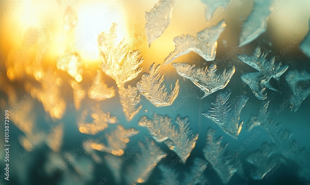 Leinwandbilder a close-up of frost on glass, illuminated by sunlight, creating intricate patterns and a warm glow, 