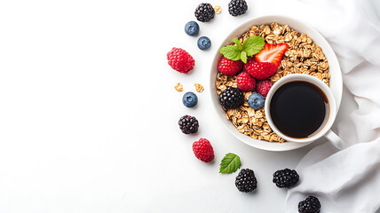 Neatly organized breakfast with a bowl of muesli, fresh berries and a cup of coffee on a white background. Clean and attractive dining room. 
