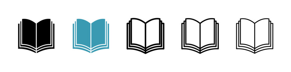 Book vector icon set in black and blue colors.