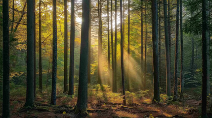 Obraz premium A serene forest scene during what appears to be early morning or late afternoon. Sunlight pierces through the dense canopy of tall trees, casting a warm, golden hue over the forest floor