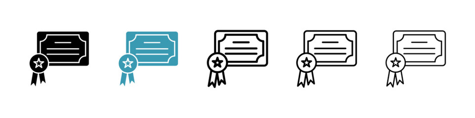 Diploma vector icon set in black and blue colors.