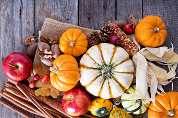 Pumpkins, nuts, indian corn and apples