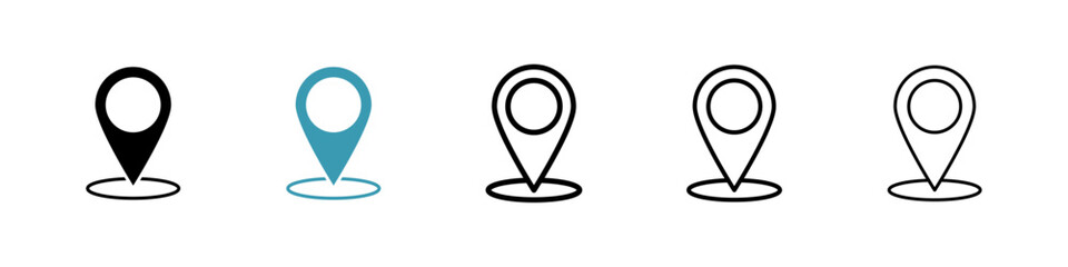 Location pin vector icon set in black and blue colors.