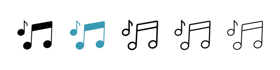 Music note vector icon set in black and blue colors.