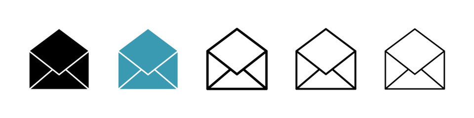 Open envelope vector icon set in black and blue colors.