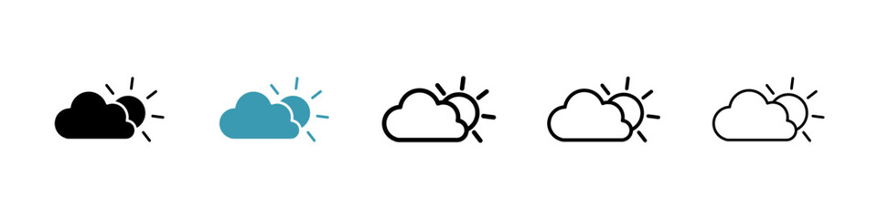 Partially cloudy vector icon set in black and blue colors.