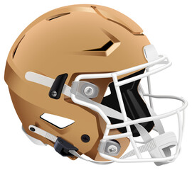 Fototapeta premium Realistic golden 3D American football helmet with white mask and chin strap