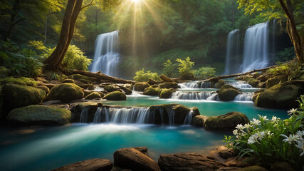 Serene forest waterfall scene with gentle cascades and lush greenery illuminated by sunlight rays.