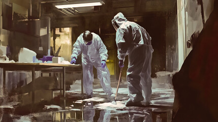 A depiction of a crime scene cleanup.