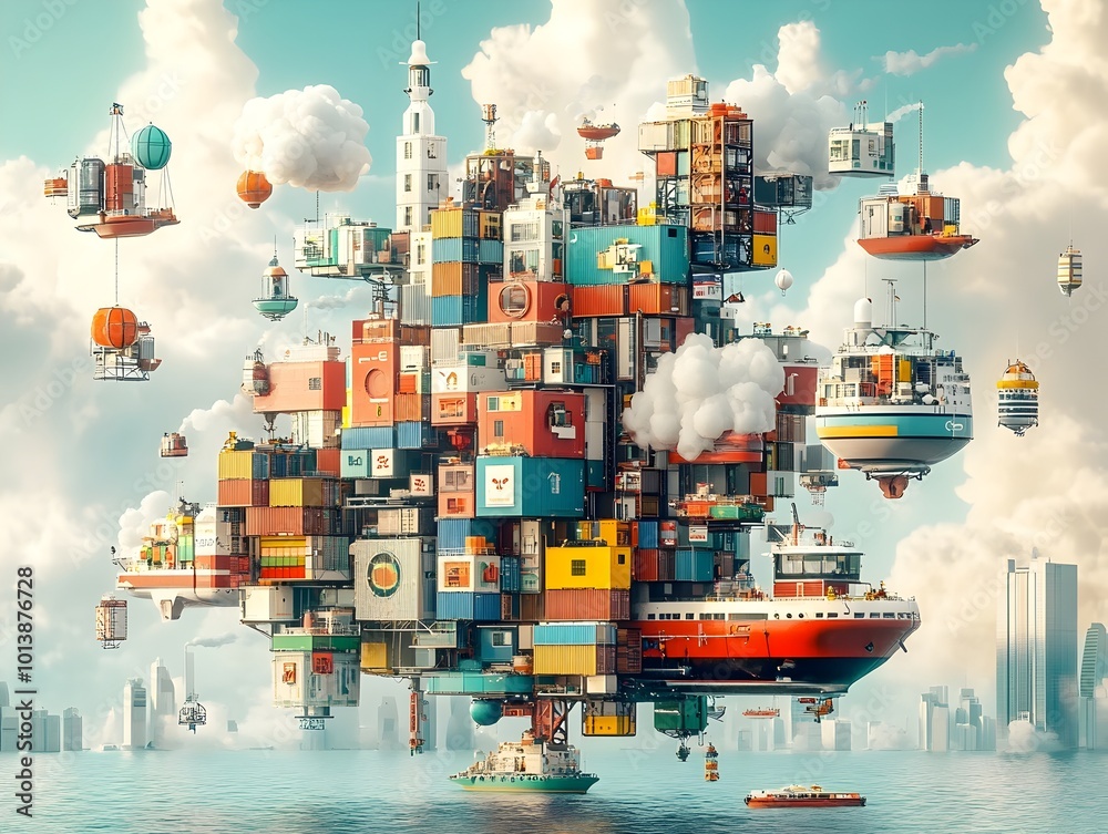 Poster sleek high tech container ships leveraging cutting edge digital technologies to optimize global supp