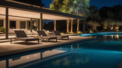 Fototapeta premium Luxurious outdoor pool area surrounded by trees and modern architecture during twilight, serene ambiance.