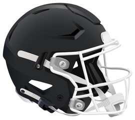 Realistic black 3D American football helmet with white mask and chin strap