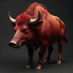 Vibrant Anthropomorphic Red Bull with Glossy Fur and Striking Features Stands Against Dark Background - Artistic of Muscular Bull for Creative Projects and Marketing Materials