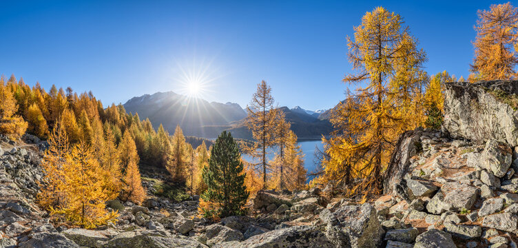 Silsersee Lake in autumn season, Upper Engadine valley, Switzerland