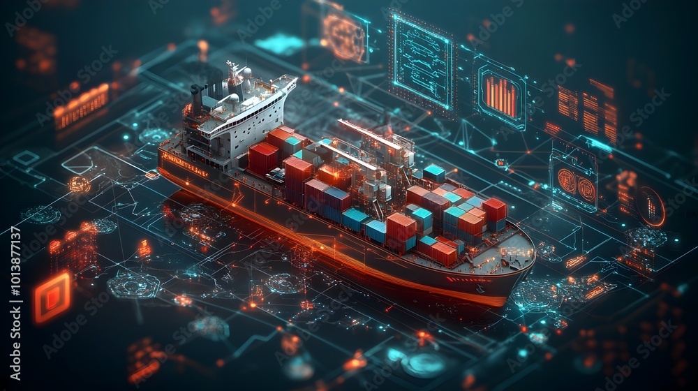 Poster Futuristic container ships and massive cargo vessels utilizing cutting edge automation and AI driven systems to orchestrate efficient global logistics across vast distribution networks