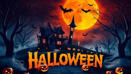 Spooky Halloween Haunted House with Full Moon, Flying Bats, and Glowing Jack-o'-Lanterns