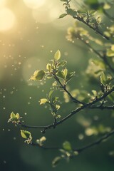 Obraz premium Sunbeams shining through leaves on a tree branch. Spring season, growth, new beginnings, nature wallpaper, sunlight, green