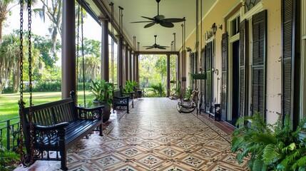 An elegant front porch with swinging benches, patterned tile flooring, and overhead ceiling fans for a Southern charm