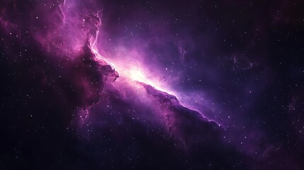 A vibrant purple nebula with glowing stars and celestial dust fills the vast expanse of the cosmos.