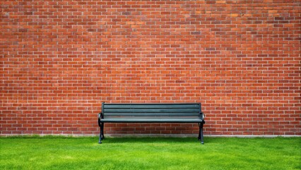 black bench by red brick wall on green lawn with sedges