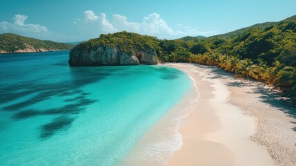 Obraz premium Secluded Tropical Beach with Crystal Clear Waters and Lush Greenery