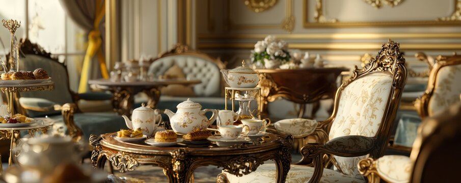 An elegant tea salon with ornate furniture, delicate china, and a selection of fine teas and pastries for an afternoon indulgence