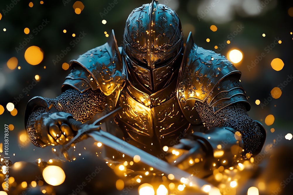 Poster knight in shining armor preparing a sword, surrounded by glowing light and mystical objects, getting