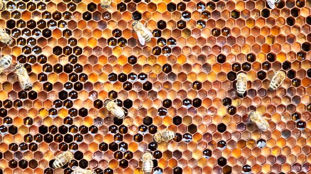 Nectar, honey and pollen in combs. Harmonious development of the bee colony.