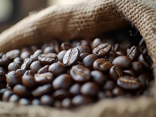 Fresh coffee beans spill out of a burlap sack, with rich brown tones and soft lighting highlighting the texture and richness of the beans.