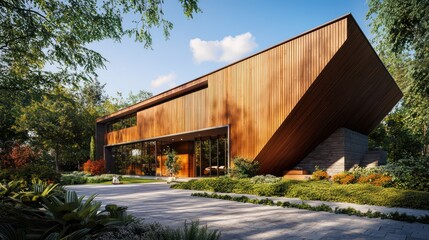 An exterior shot of a modern residence with an asymmetric wooden fa? section ade, blending seamlessly with landscaped surroundings