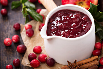 Cranberry sauce in ceramic saucepan