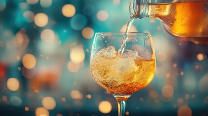 The bartender pours a colorful cocktail into a glass, with dynamic lighting and soft bokeh in the background creating a vibrant scene.