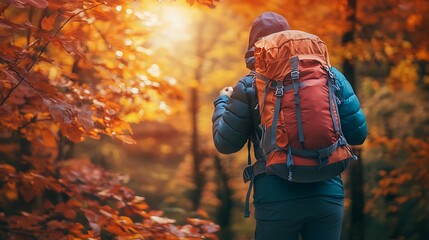 A hiker adjusting their backpack with a background of orange and red autumn trees in the forest.