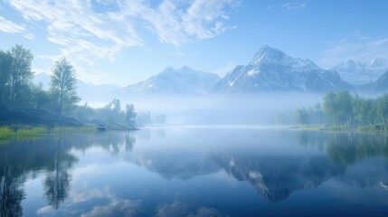 A serene mountain lake with a reflection of the surrounding peaks, soft morning light creating a calm atmosphere, captured in a wide-angle view.