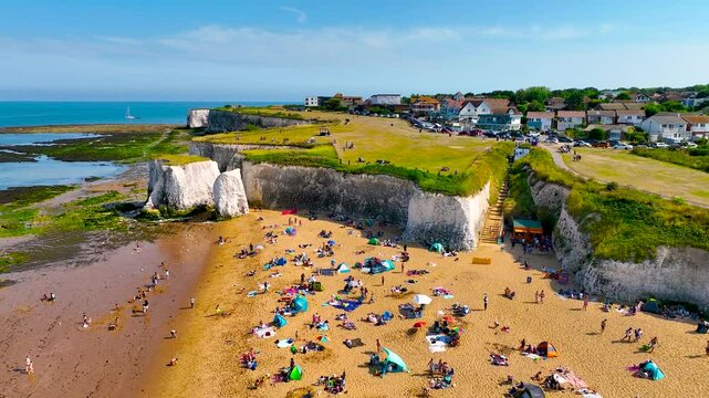 Aerial view of Kingsgate Bay, a sheltered sandy cove backed by high white chalk cliffs, Kent, England, UK