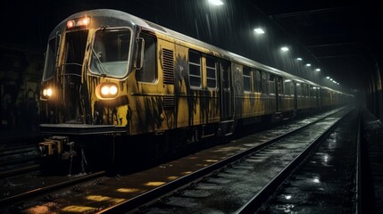 Fototapeta premium Commuter train at metro railway station at night. Neural network ai generated art