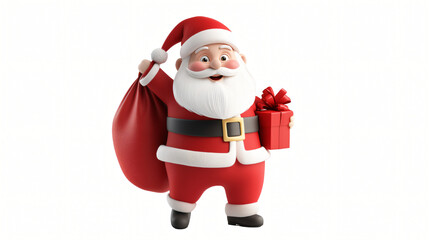 A cheerful Santa Claus with gifts and a colorful gift box surrounded by snow, a decorated Christmas tree, and a cute snowman in a festive winter scene