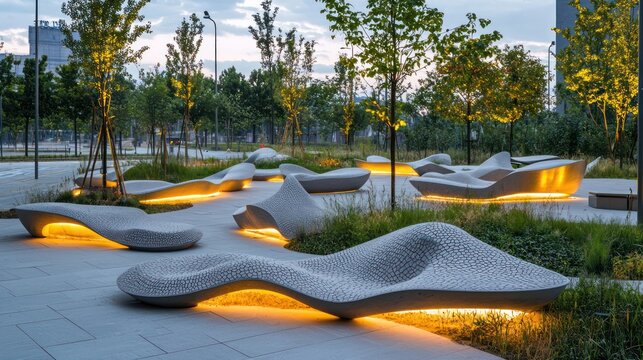 An outdoor urban park with modern, sculptural seating areas made from recycled materials and integrated LED lighting