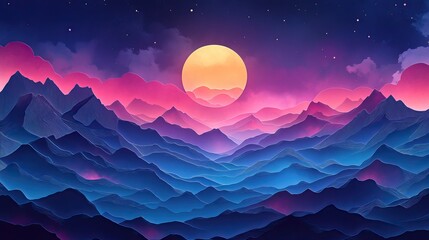 Fototapeta premium Nighttime mountain valley with a bokeh background featuring the moon Nighttime mountain valley with bokeh background and moonlight