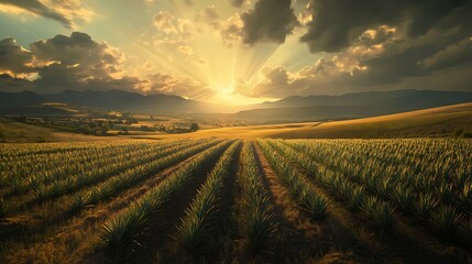 A long-distance shot of an Agave field under a vast sky filled with dramatic sunbeams.
