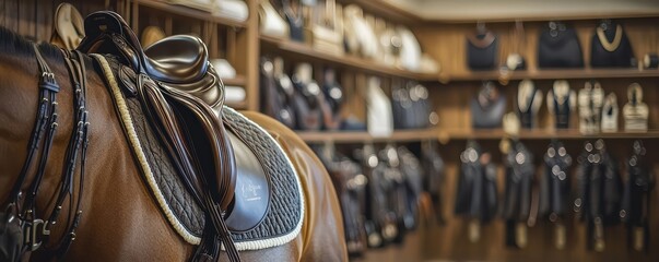 An upscale equestrian boutique with elegant riding apparel, custom saddles, and a selection of premium horse care products