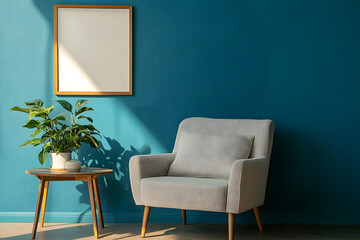 Armchair, houseplant on coffee table and frame near blue wall in room