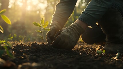 A man with dirt-covered gloves, kneeling as he places a sapling into the ground, sunlight breaking through the trees.