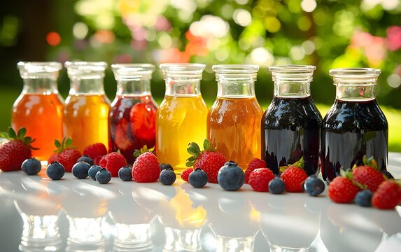 Colorful assortment of fresh berry juices with garden fruits